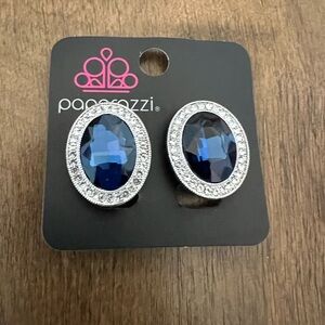 Paparazzi Silver-Tone Oval Sapphire Crystal Halo Clip On Earrings NWT